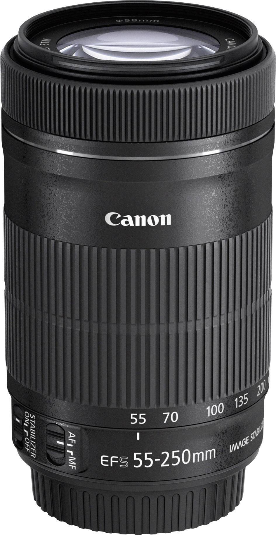 Canon Objektiv EFS 55-250mm, schwarz, Zoom-Bereich markiert, geeignet für digitale Spiegelreflexkameras.