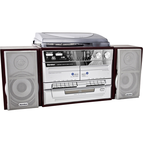 Karcher KA 320 Stereoanlage CD, Kassette, MW, Plattenspieler, SD, USB, UKW, 2 x 2 W Holz, Silber
