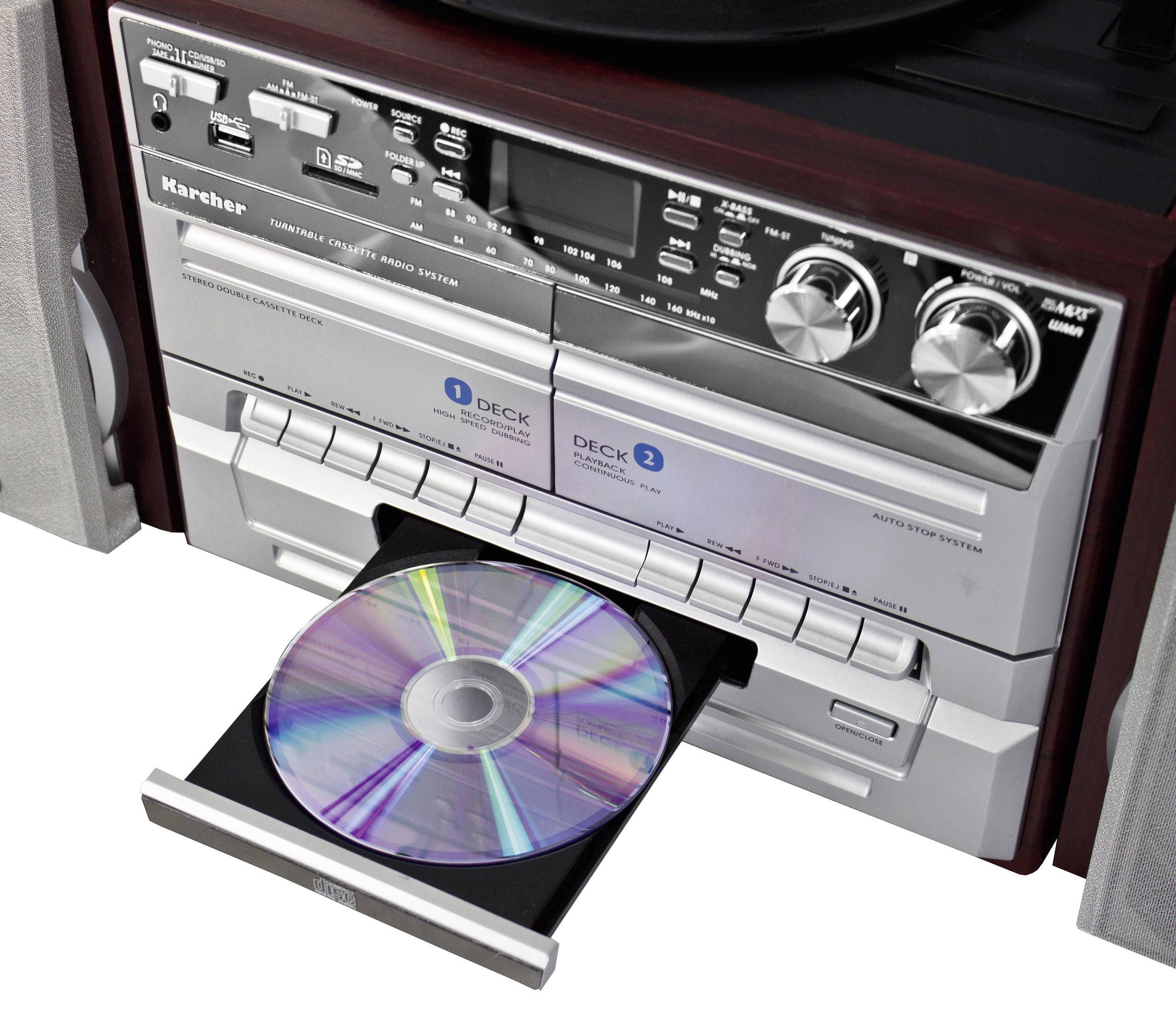 Karcher KA 320 Stereoanlage CD, Kassette, MW, Plattenspieler, SD, USB, UKW, 2 x 2 W Holz, Silber