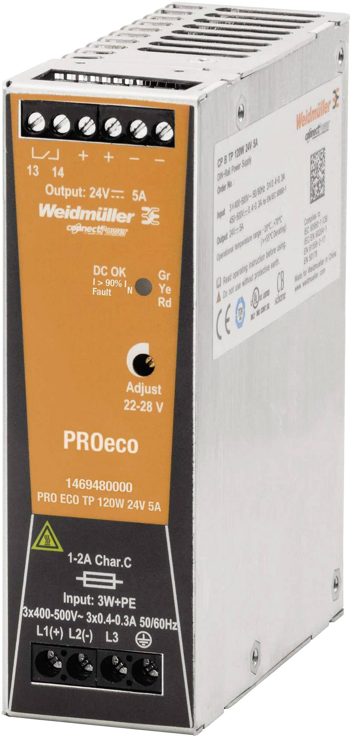 Netzteil von Weidmüller, Modell PROeco, Eingang 3x 400-500V, Ausgang 24V, 5A. Geeignet für industrielle Anwendungen.