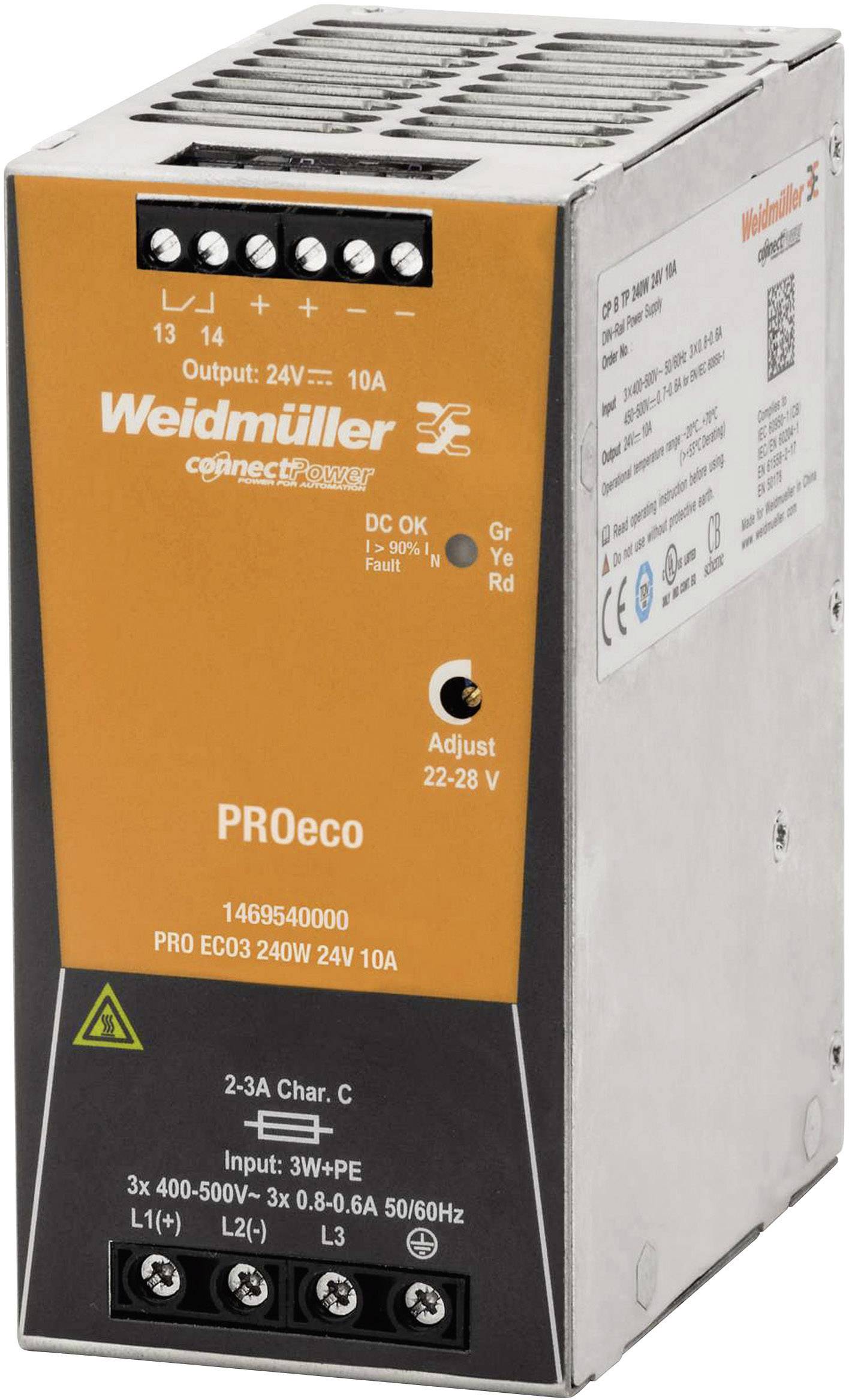 Netzteil von Weidmüller, Modell PROeco ECD3 240W 24V 10A, mit orangefarbener Front und Einstellschalter für 22-28 V.