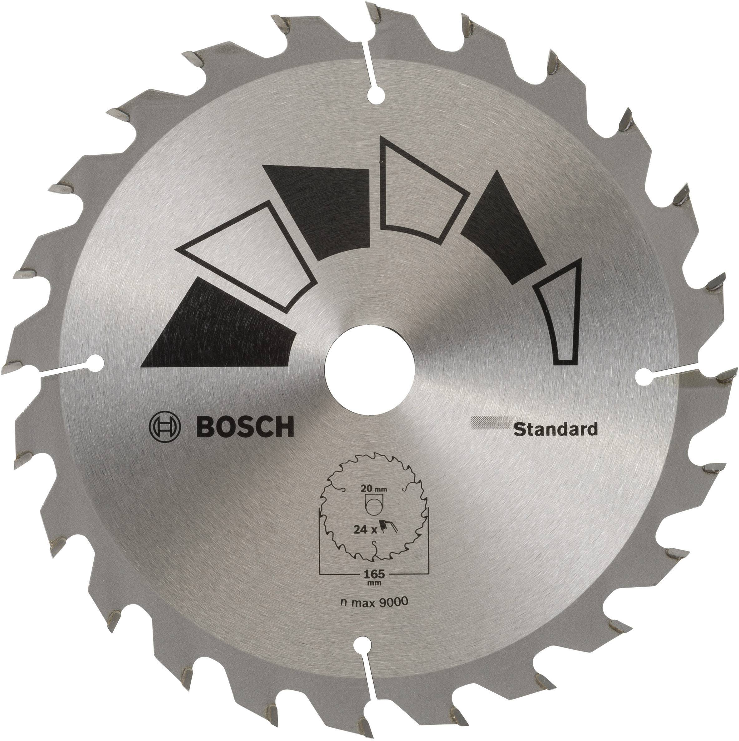 Kreissägeblatt von Bosch mit gezacktem Rand und aufgedruckten Symbolen für Schnittrichtung und Produktinformationen.