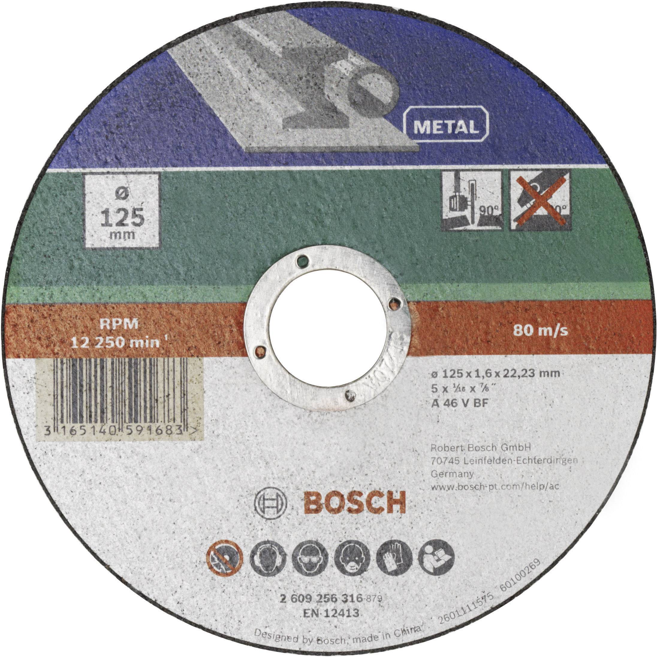 Schleifscheibe mit Bosch-Logo. Aufschrift: 'RPM 12.250 min⁻¹', '80 m/s', '⌀125 x 1,6 x 22,23 mm'. Symbole für Schutzmaßnahmen.
