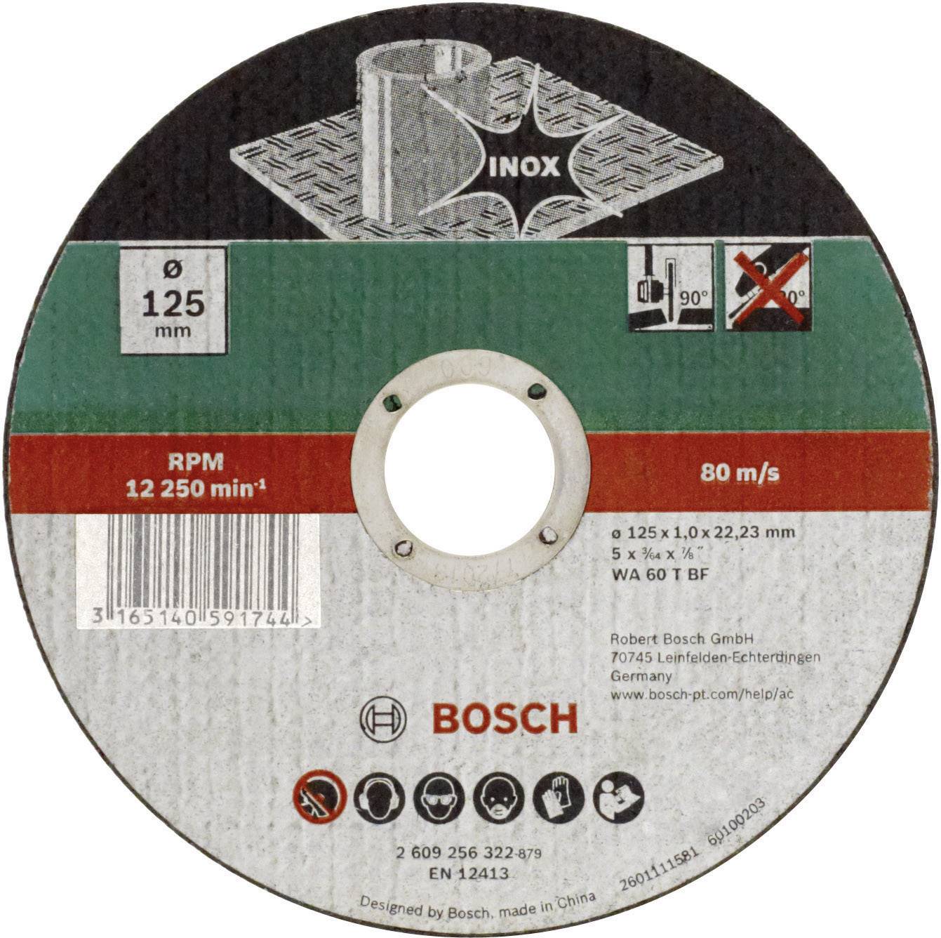 Schleifscheibe-Label: Durchmesser 125 mm, max. 80 m/s, 12.250 U/min, geeignet für Metall (Inox), Bosch-Logo unten.