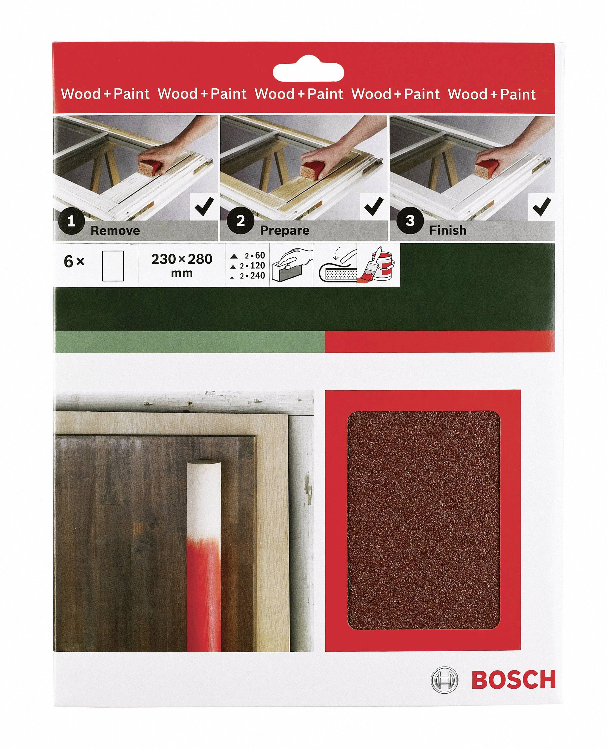 'Bosch Schleifpapier-Set' für Holz und Farbe. Anleitung zeigt: 1. Entfernen, 2. Vorbereiten, 3. Fertigstellen. Set enthält 6 Bögen (Körnung 40, 120, 240) in Größe 230 x 280 mm.