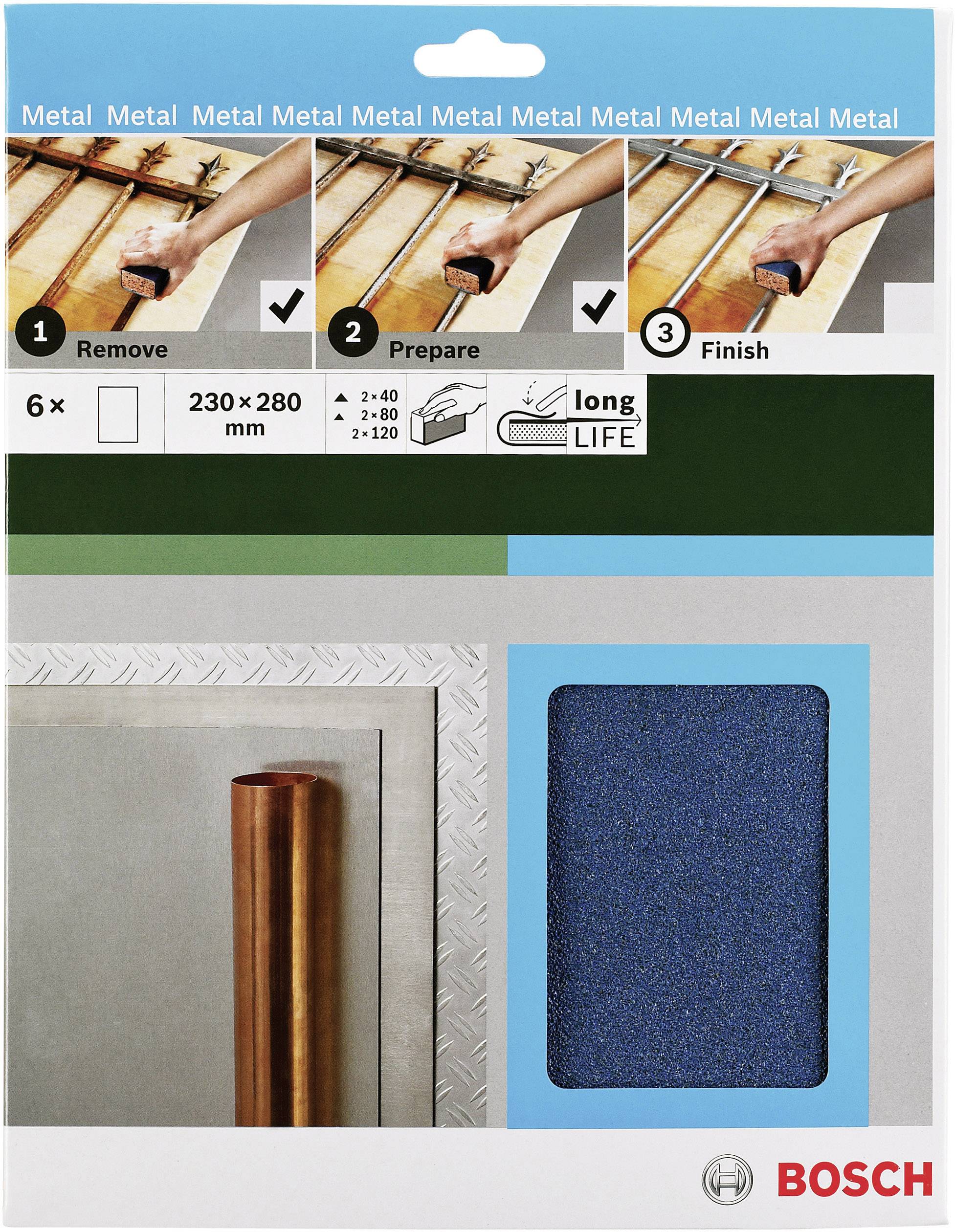 Schleifpapier-Set von Bosch für Metallbearbeitung, zeigt Schritte: 1. Entfernen, 2. Vorbereiten, 3. Fertigstellen; Packung enthält 6 Blätter.
