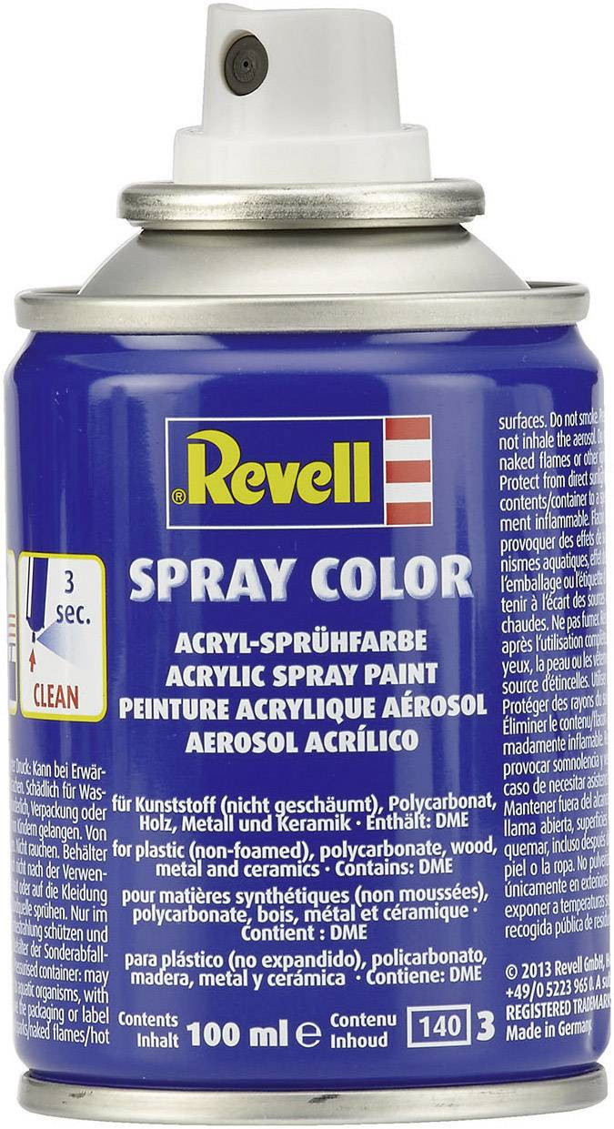 Sprühdose mit 100 ml Revell Sprühfarbe. Enthält Acrylfarbe für Plastik, Holz und Metall. blaue Dose mit weißer Schrift.