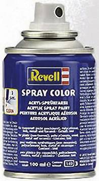 Sprühdose mit Beschriftung 'Revell Spray Color'. Enthält 100 ml Acrylsprayfarbe. Produktetikett mit Anwendungshinweisen.