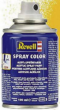 Eine blaue Sprühdose mit der Aufschrift 'Revell Spray Color'. Gelbe Farbe sprüht aus der Düse.