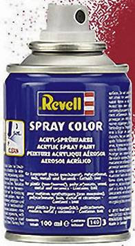 Sprühdose mit blauer Verpackung und der Aufschrift 'Revell Spray Color'. Im Hintergrund rote Farbsprenkel.