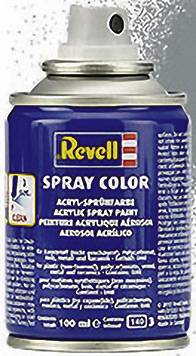 Eine blaue Sprühdose von Revell, beschriftet mit 'Spray Color', mit weißem Sprühaufsatz. Enthält 100 ml Acrylfarbe.