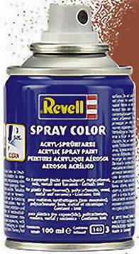 Sprühdose mit blauer Etikettaufschrift 'Revell Spray Color'. Enthält Acrylfarbe und ist geeignet für Modellbauanwendungen.
