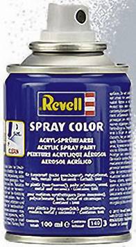 Eine blaue Sprühfarbe von Revell mit gelbem und weißem Text. Die Dose fasst 100 ml Acrylfarbe.