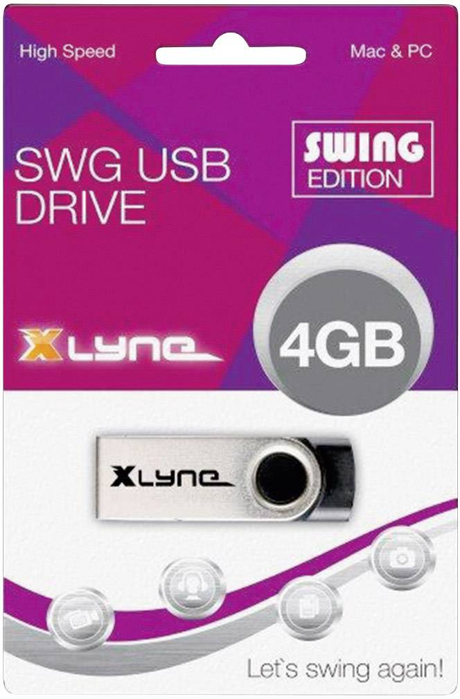 Verpackung für Xlyne SWG USB Drive, 4GB, für Mac & PC. Oben steht 'High Speed'. Unten der Text: 'Let's swing again!'.