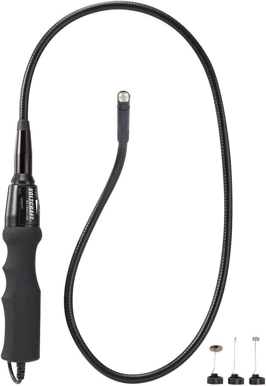 Flexibles Endoskop mit schlankem, biegsamem Kamerarohr, ergonomischem Griff und wechselbaren Aufsätzen für technische Inspektionen.