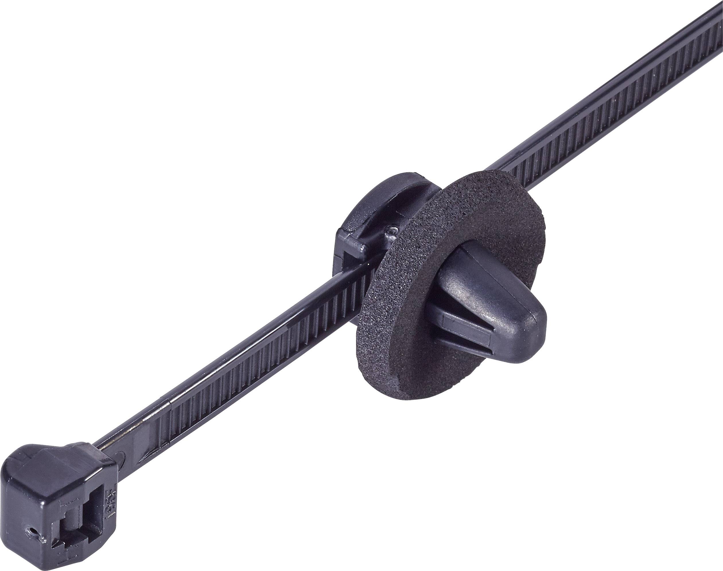 Kabelbinder aus schwarzem Kunststoff mit festem Befestigungselement und Schaumstoff-Unterlage zur sicheren Montage und Vibrationsdämpfung.
