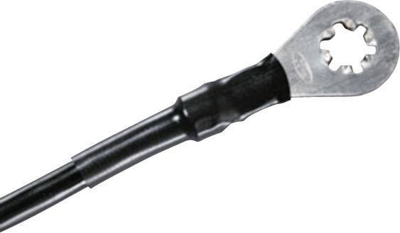 Ein schwarzes Kabel mit einem silbernen ringförmigen Anschluss.