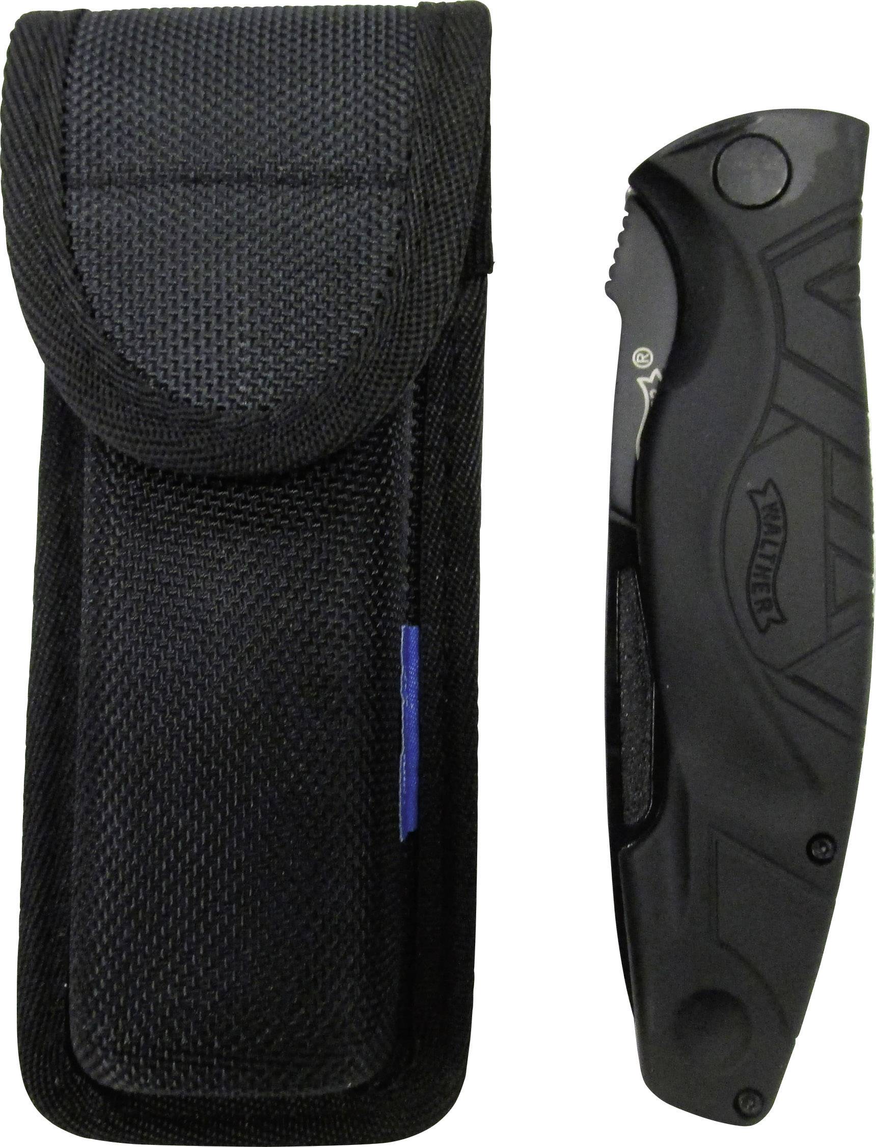 Schwarzes Klappmesser neben einer schwarzen Stofftasche. Das Messer hat ein ergonomisch geformtes Griffdesign.