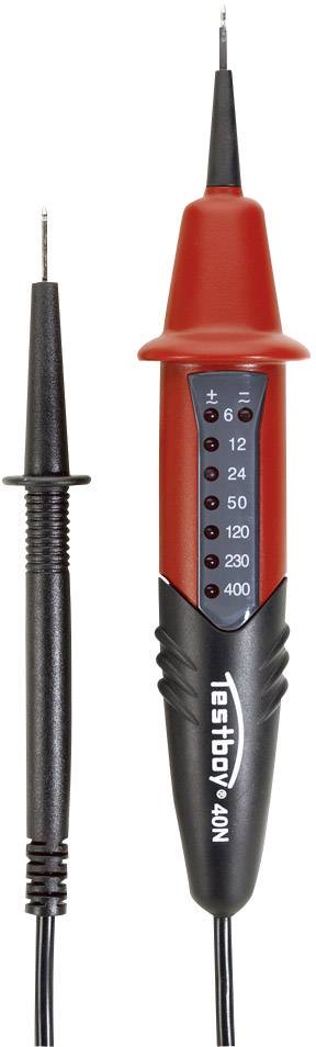 Spannungsprüfer mit LED-Anzeige in Rot und Schwarz, zeigt verschiedene Spannungen von 6 bis 400 Volt. Links ist die schwarze Prüfspitze.