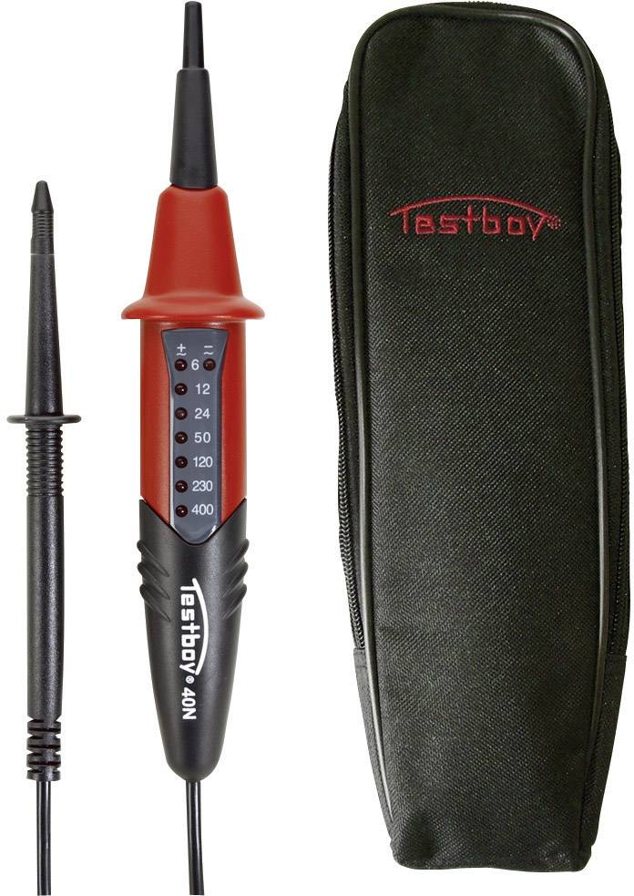 Ein Spannungsprüfer und eine schwarze Hülle mit rotem Logo. Der Prüfer zeigt Spannungswerte von 12 bis 400 Volt an.