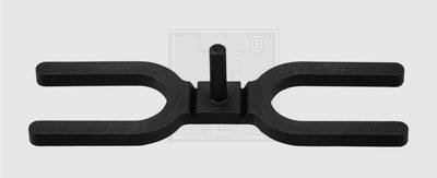 Schwarzes, U-förmiges Werkzeug aus Metall mit mittlerem Stift, genutzt zum Halten oder Montieren von Komponenten.