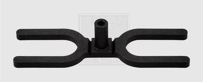 Schwarzer Kunststoffhalter mit zwei offenen Enden und einer Mittelstütze, oft verwendet zur Stabilisierung von Rohren oder Kabeln.