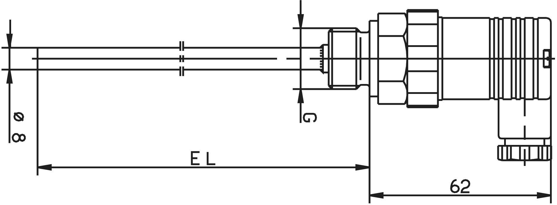 Technische Zeichnung eines Rohranschlusses mit Maßen: Gesamtlänge (EL), Durchmesser (ø8), Gewindelänge (G), Gesamtlänge 62 mm.