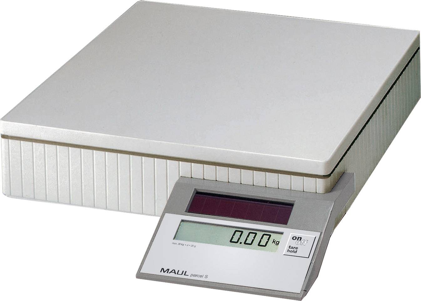Digitale Tischwaage mit rechteckiger Wiegefläche und LCD-Anzeige. Die Anzeige zeigt '0,00 kg'.