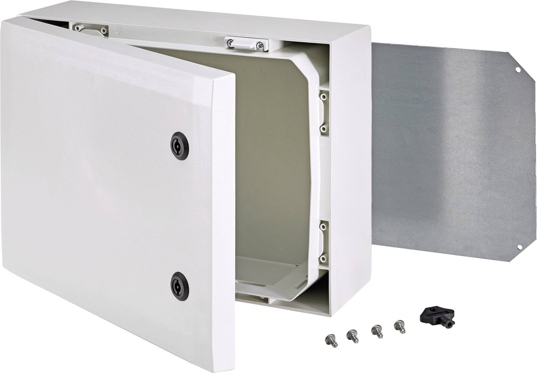 Metallgehäuse mit geöffneter Tür, sichtbarem Innenraum und herausnehmbarer Rückwand. Sechs Schrauben und ein Schlüssel daneben.
