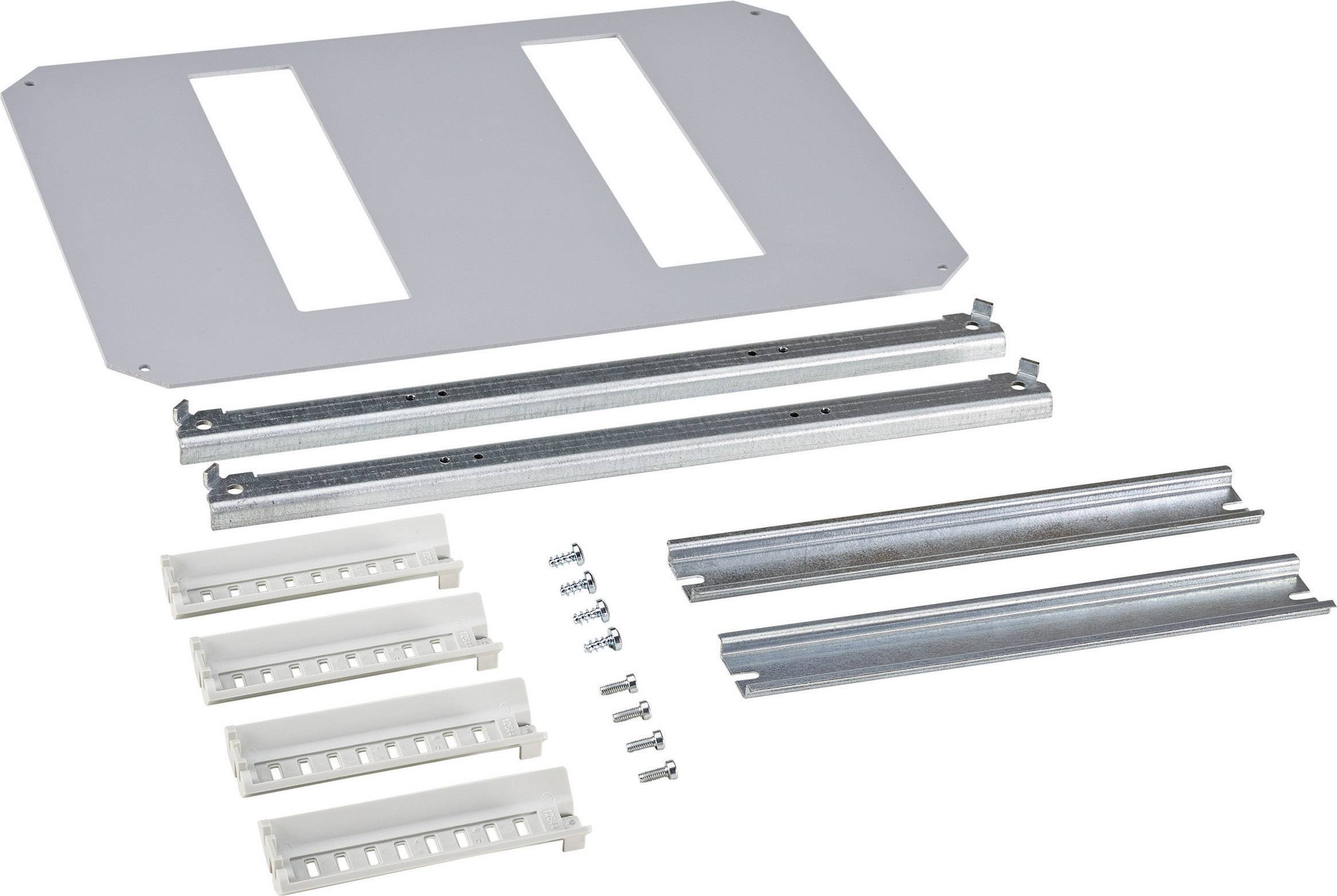 Montageset bestehend aus Metall- und Kunststoffteilen, geeignet zur Befestigung von Geräten oder Modulen in einem Schaltschrank. Enthält Schrauben und Halterungen.