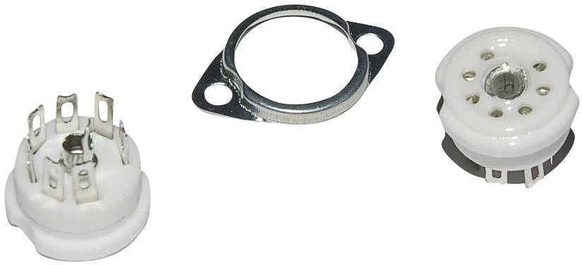 Sockel für Octal-Röhren mit passenden Halteklammern: links der Keramiksockel mit Pins, rechts die Klammer zum Befestigen.