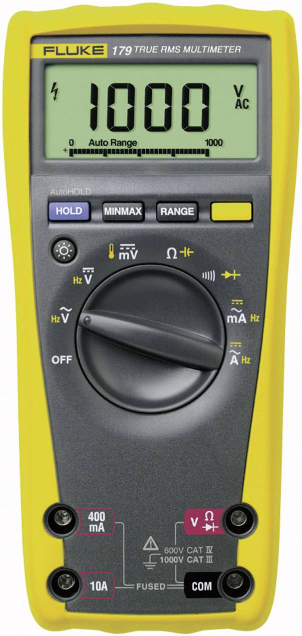 Ein digitales Multimeter mit gelbem Gehäuse zeigt eine Messung von 1000 Volt an. Es verfügt über Drehschalter und Anschlussbuchsen.