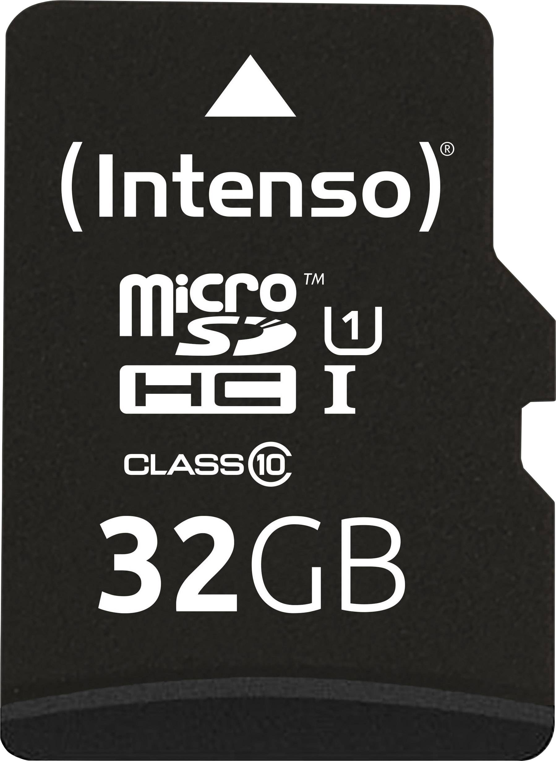 Intenso microSD-Karte 32GB, UHS-I, Class 10, mit Pfeilsymbol nach oben.
