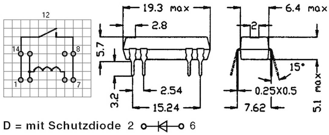 Zeichnung eines integrierten Schaltkreises mit Maßen. Zeigt Pin-Abstände und Breite. Text: 'D = mit Schutzdiode'. Darstellung von Draufsicht und Seitenansicht.