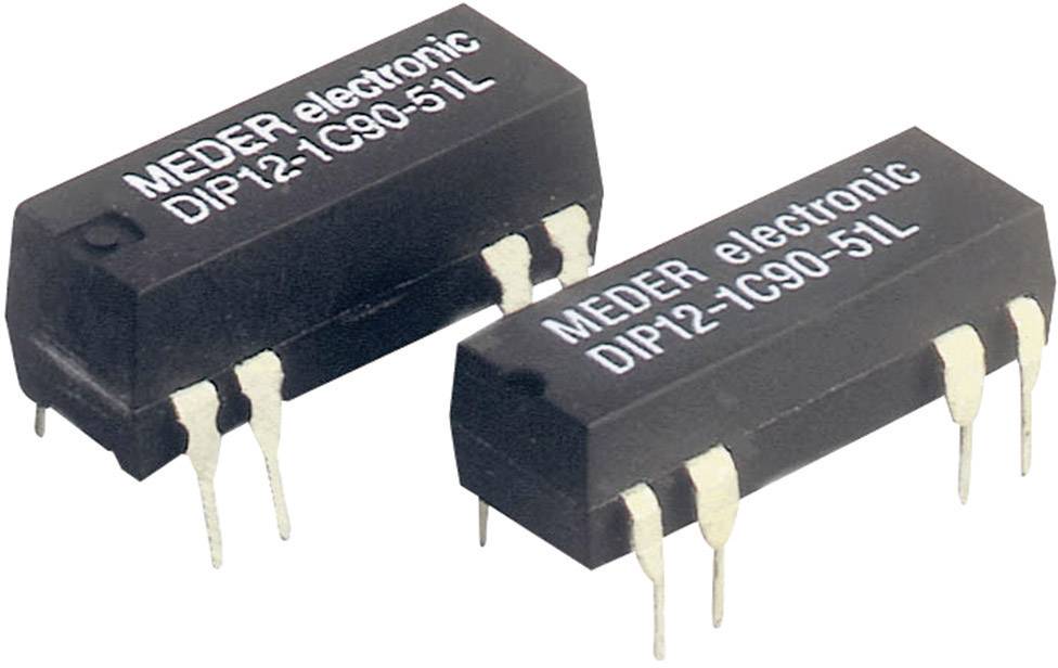 Zwei schwarze elektronische Bauteile mit der Aufschrift 'MEDER electronic DIP12-1C90-51L', mehrere Pins an der Unterseite.