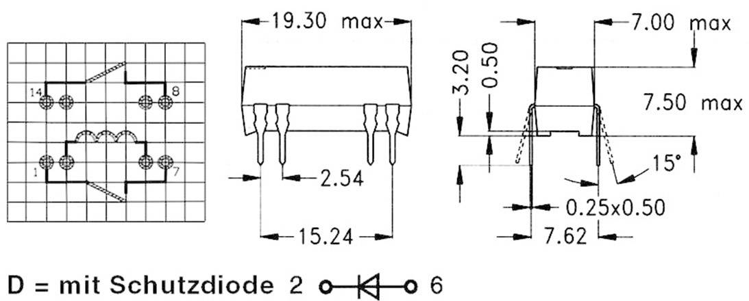 Technische Zeichnung eines elektronischen Bauteils mit Maßangaben in Millimetern. Zeigt Draufsicht, Seitenansicht und Layout des Bauteils.