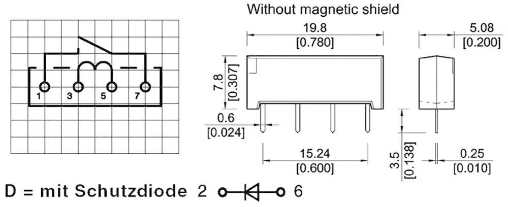 Diagramm eines elektrischen Bauteils mit den Maßen in Millimetern und Zoll. Beschriftet: 'Without magnetic shield'. Zeigt Seitenansichten und Pin-Konfiguration.