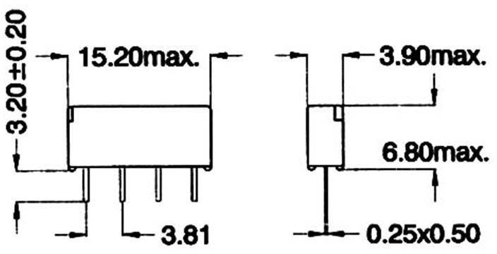 Schaltplan eines elektronischen Bauteils mit Abmessungen. Links: 15,20 mm Länge, 3,20 mm Höhe. Rechts: 3,90 mm Breite, 6,80 mm Höhe.