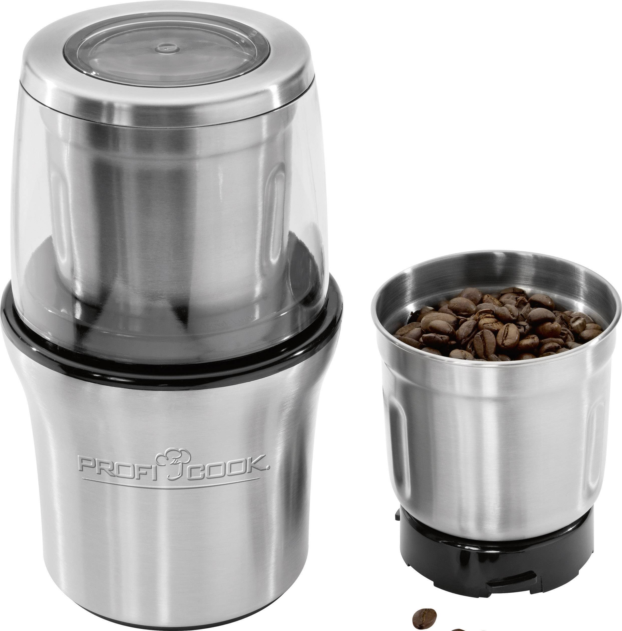 Zwei Edelstahl-Behälter, einer mit Deckel, einer offen und mit Kaffeebohnen gefüllt, nebeneinander auf weißem Hintergrund.