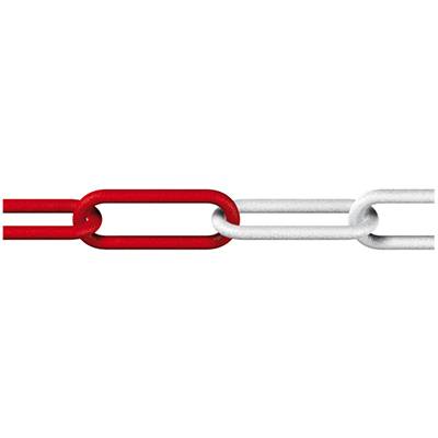 Rote und weiße Kettenglieder sind ineinander verflochten. Ein rotes Glied ragt hervor und symbolisiert möglicherweise Verbindung oder Bruch.