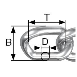 Bild einer Metallkette mit Maßangaben: 'T' für Längsabschnitt, 'D' für Durchmesser, 'B' für Höhe der Glieder.
