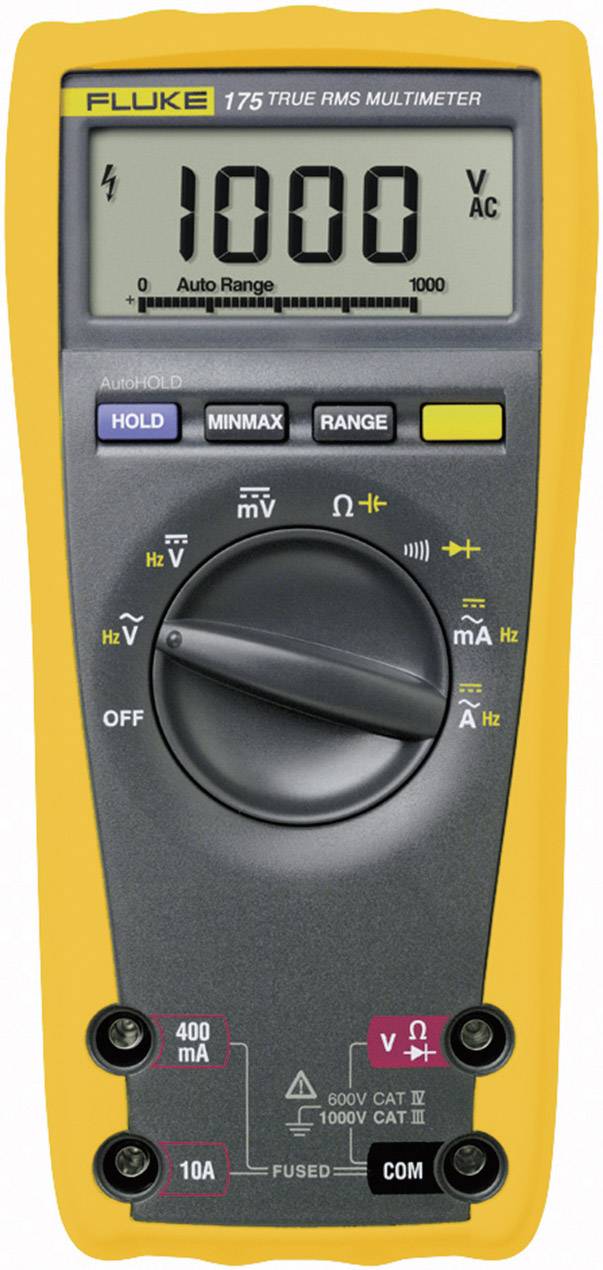 Digitales Multimeter in Gelb zeigt '1000 V AC' auf dem Display. Es hat eine Einstellungsscheibe und verschiedene Messoptionen.