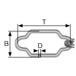 Kettenglied-Diagramm mit Beschriftungen: 'T' für Länge der Kettengliedöffnung, 'B' für Breite, 'D' für Durchmesser.