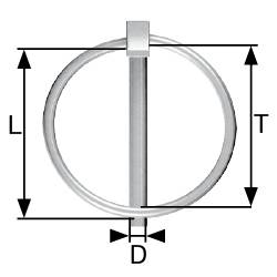 Technische Zeichnung eines Splitpols. Zeigt Durchmesser (D), Länge (L) und Dicke (T) eines Metallstifts mit einem umlaufenden Ring.