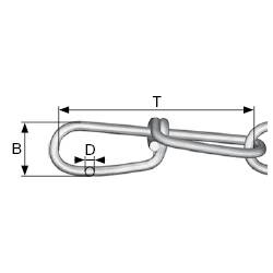 Eine Kettenglied-Diagramm zeigt Maße: Länge (T), Breite (B), und Durchmesser (D) des Glieds in Millimetern.