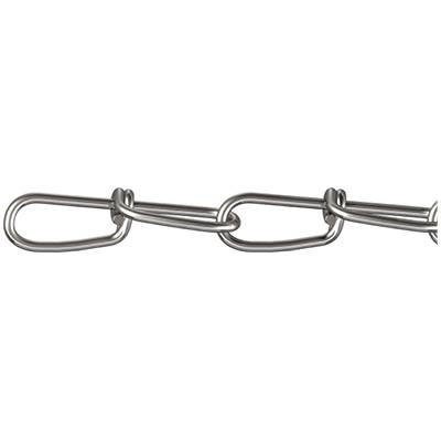 Nahaufnahme einer Metallkette mit vier ovalen Gliedern, die horizontal ausgerichtet ist.
