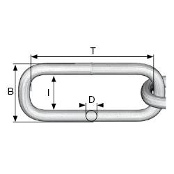 Diagramm zeigt Kettenglied mit den Maßen für Länge (T), Breite (B), Innendurchmesser (I) und Drahtdurchmesser (D).