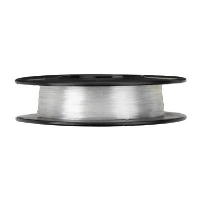 Plastikspule mit transparenter Angelschnur, seitlich dargestellt. Spule ist schwarz und flach.