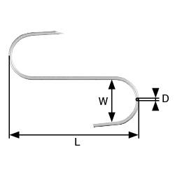 Diagramm eines Metallhakens mit Abmessungen: 'L' für Länge, 'W' für Breite, 'D' für Durchmesser. Haken in geschwungener S-Form.
