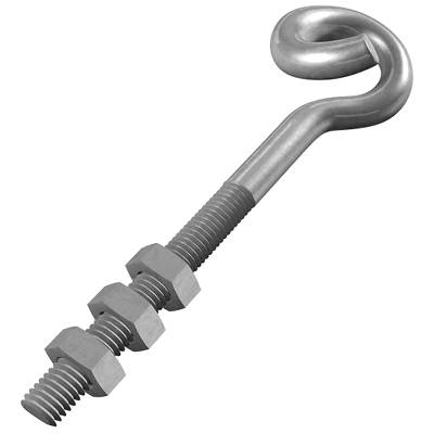 Hakenschraube aus Metall mit drei Sechskantmuttern.